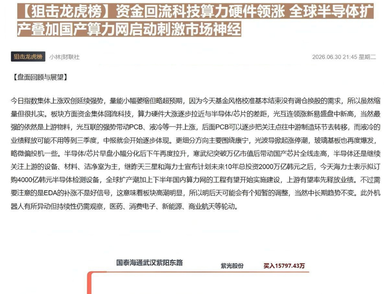 【狙击龙虎榜】资金回流科技算力硬件领涨 全球半导体扩产叠加国产算力网启动刺激市场神经