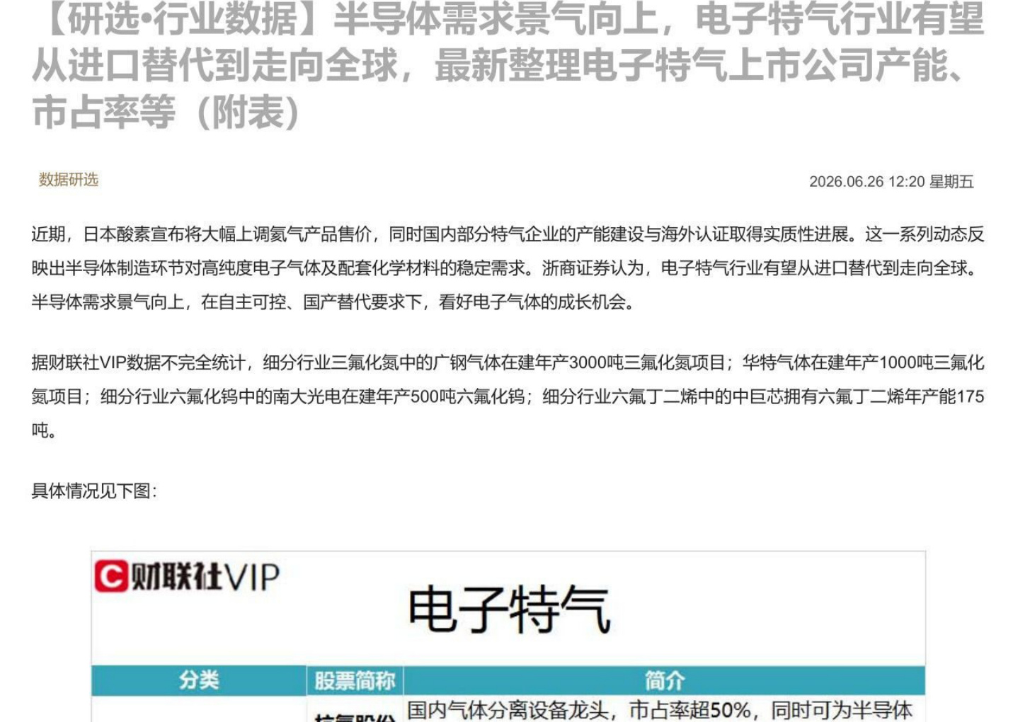 【研选•行业数据】半导体需求景气向上，电子特气行业有望从进口替代到走向全球，最新整理电子特气上市公司产能、市占率等（附表）