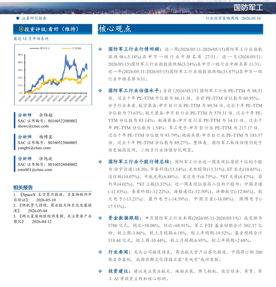 20260516-财通证券-国防军工行业投资策略周报：商业航天迎密集催化，燃气轮机高景气持续