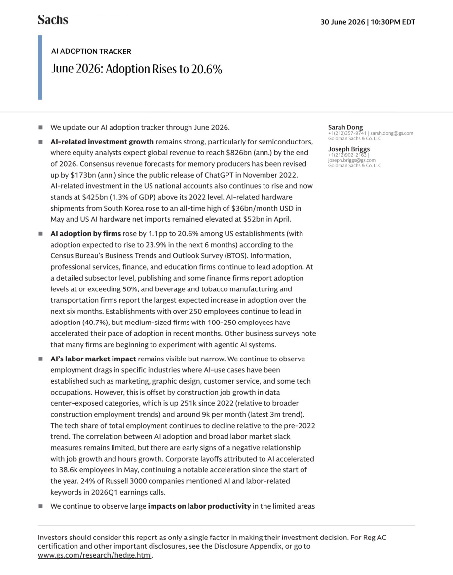 GS-人工智能应用追踪：2026年6月——企业渗透率升至20.6%，劳动力市场影响初现【共23页】