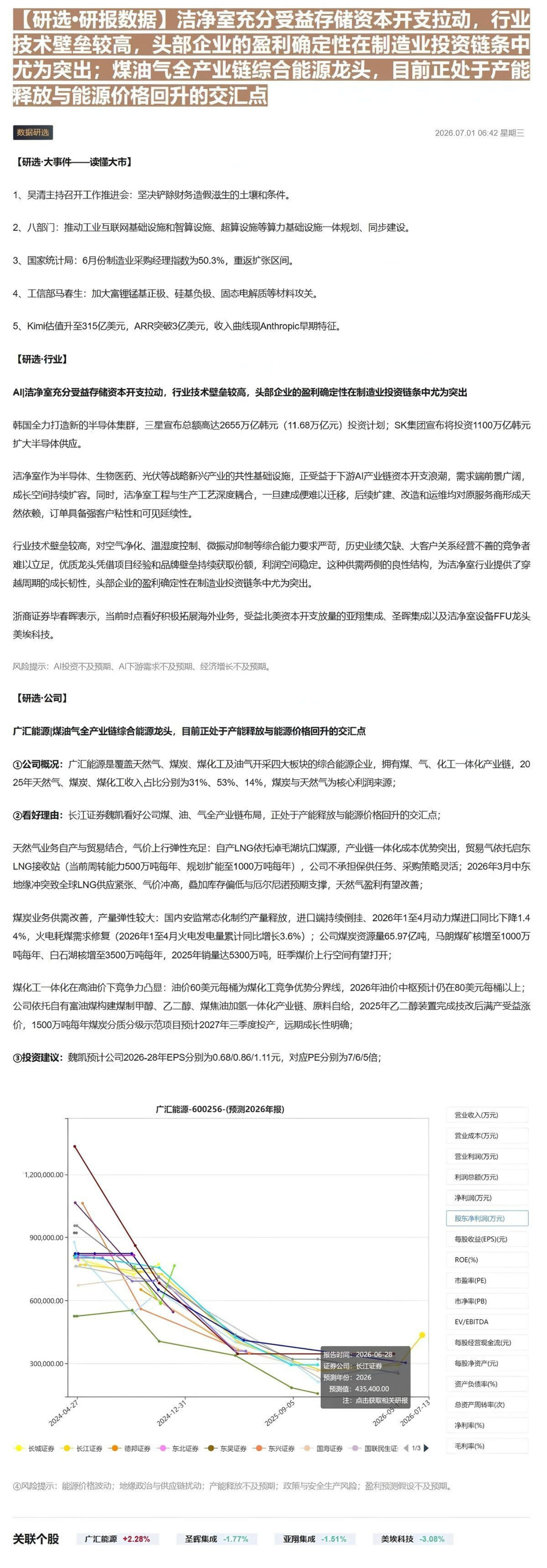 【研选•研报数据】洁净室充分受益存储资本开支拉动，行业技术壁垒较高，头部企业的盈利确定性在制造业投资链条中尤为突出；煤油气全产业链综合能源龙头，目前正处于产能释