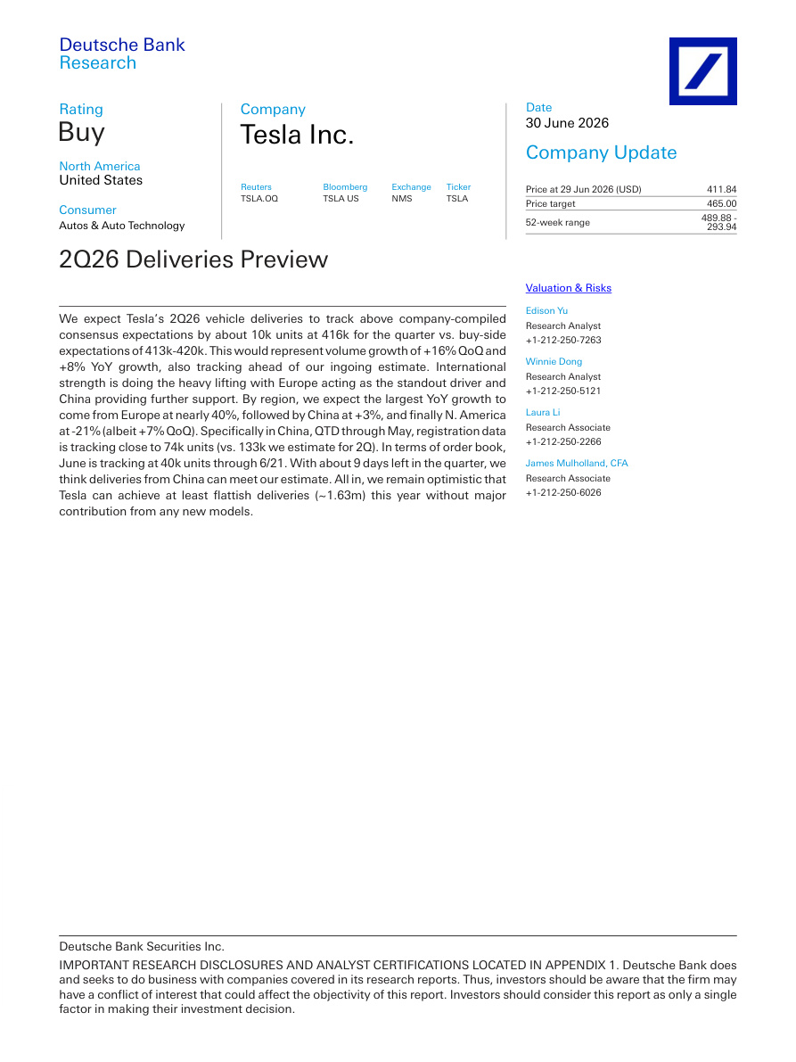 Deutsche-特斯拉（TSLA.US）2026年第二季度交付数据前瞻【共9页】