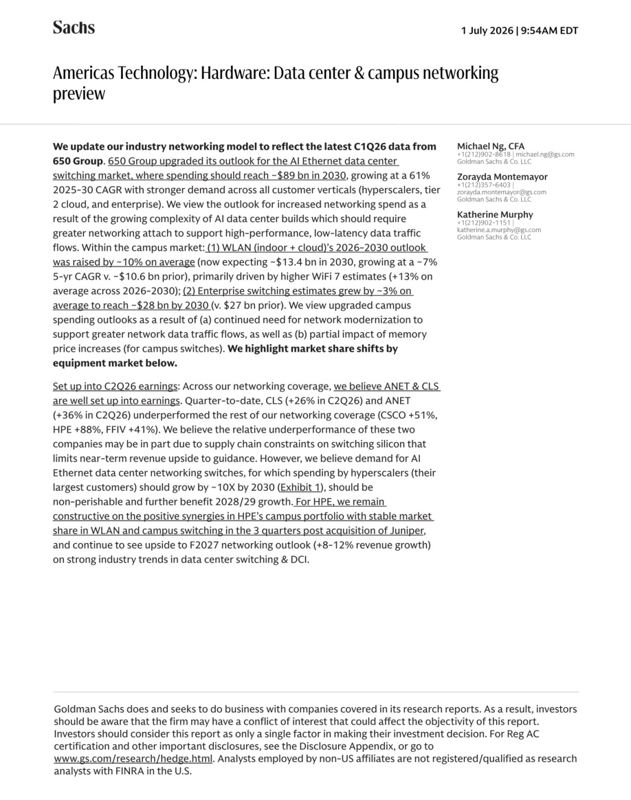 GS-美国科技硬件：数据中心与园区网络前瞻——AI以太网交换机的超级周期已至【共14页】