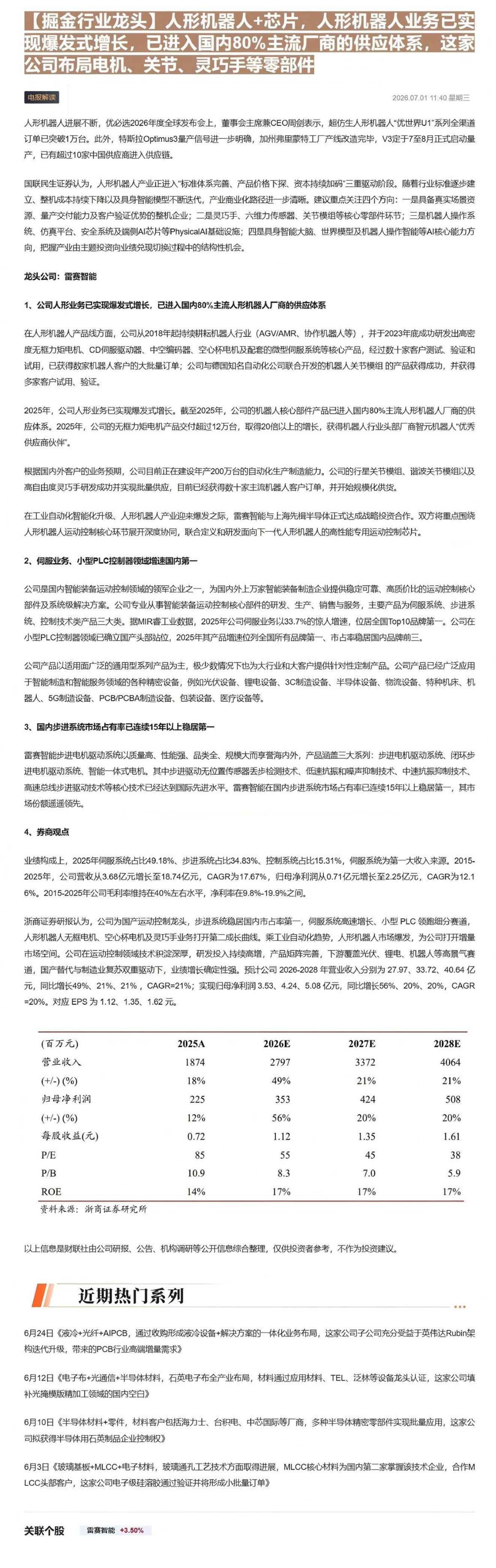 【掘金行业龙头】人形机器人+芯片，人形机器人业务已实现爆发式增长，已进入国内80%主流厂商的供应体系，这家公司布局电机、关节、灵巧手等零部件