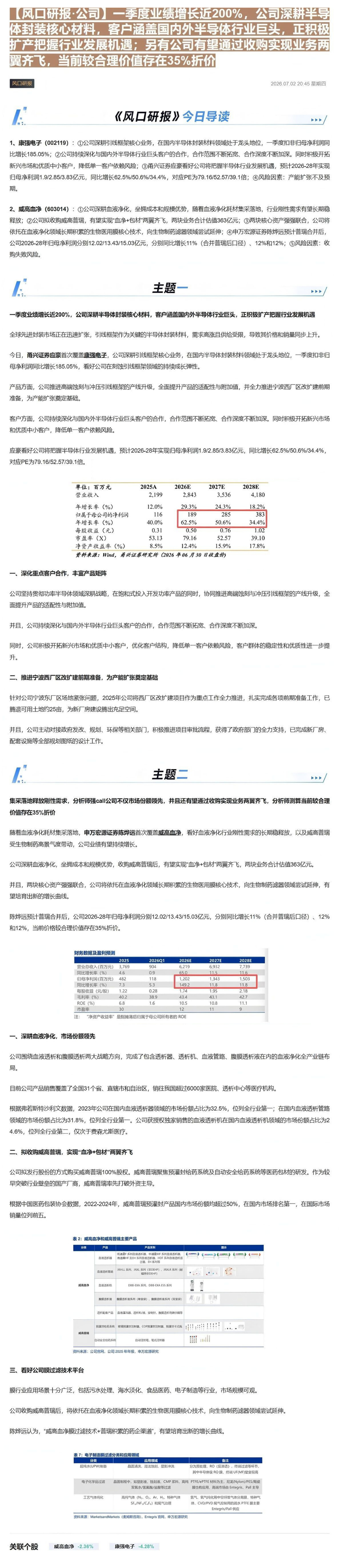 【风口研报·公司】一季度业绩增长近200%，公司深耕半导体封装核心材料，客户涵盖国内外半导体行业巨头，正积极扩产把握行业发展机遇；另有公司有望通过收购实现业务两翼齐飞