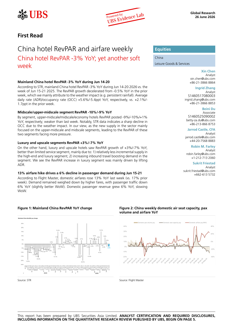 UBS-China hotel RevPAR and airfare weekly：China hotel RevPAR _3％ YoY； yet another soft week【共13页】