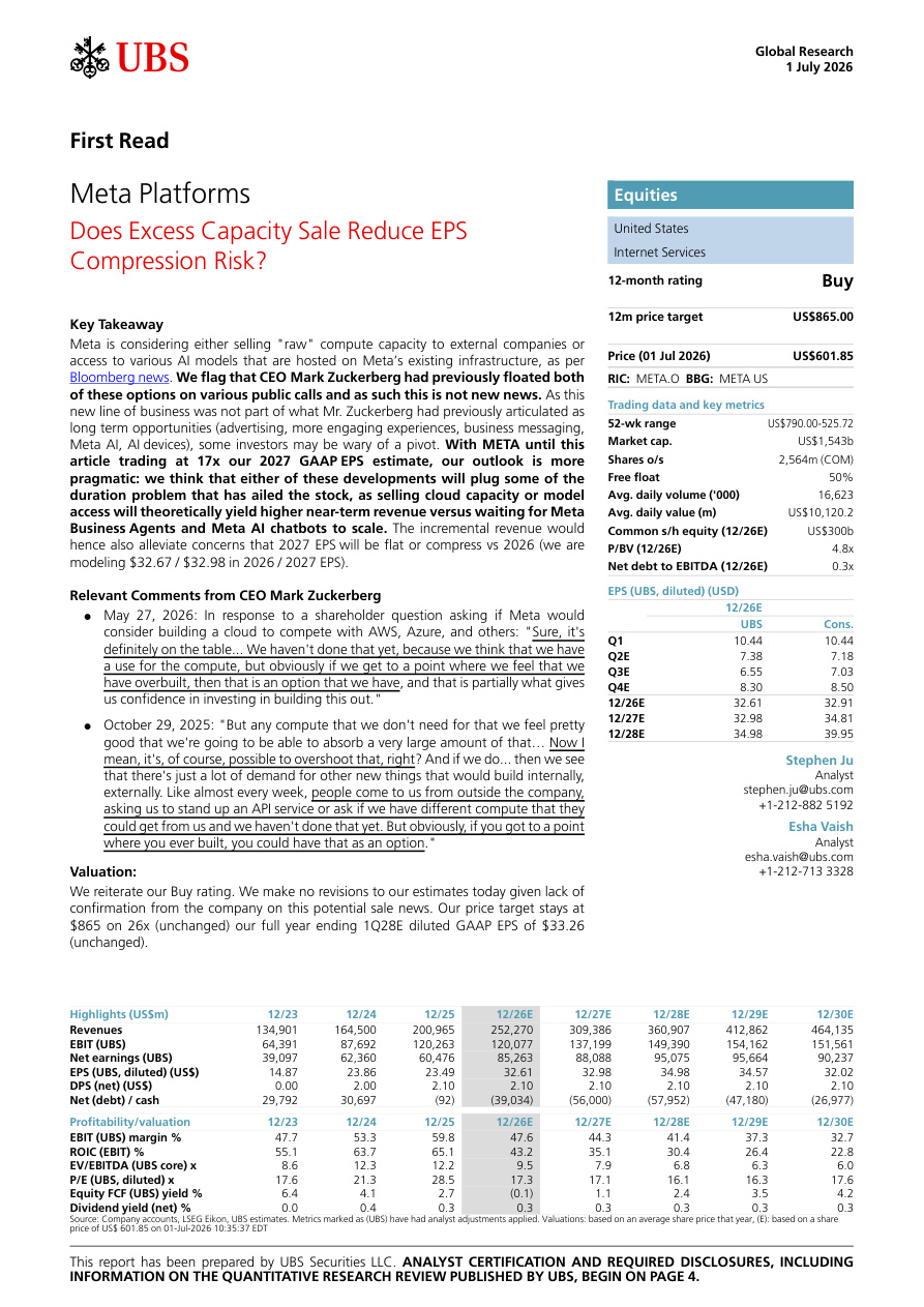UBS-Meta:处置闲置产能是否会缓解每股收益承压风险? Meta Platforms Does Excess Capacity Sale Reduce EPS Compression Risk【共13页】