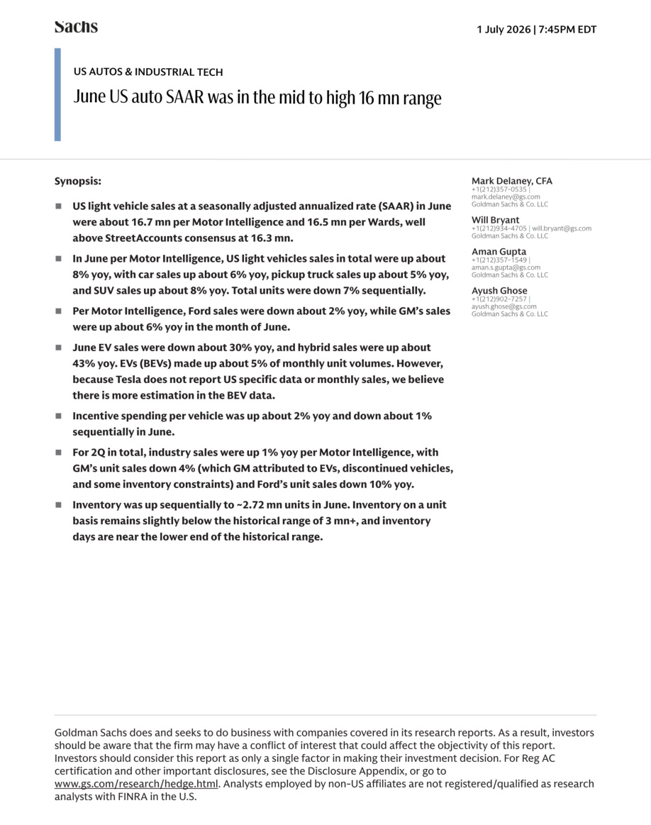 GS-美国汽车与工业科技：6月美国汽车年化销量位于1,650万至1,680万辆区间【共10页】