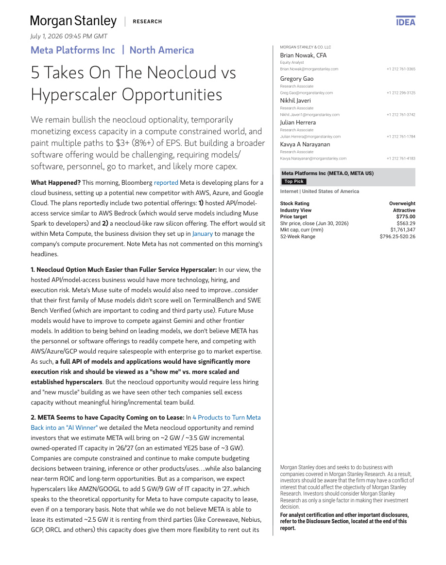 MS-Meta Platforms——关于“新云（Neocloud）”与超大规模云厂商机遇的五点研判【共16页】