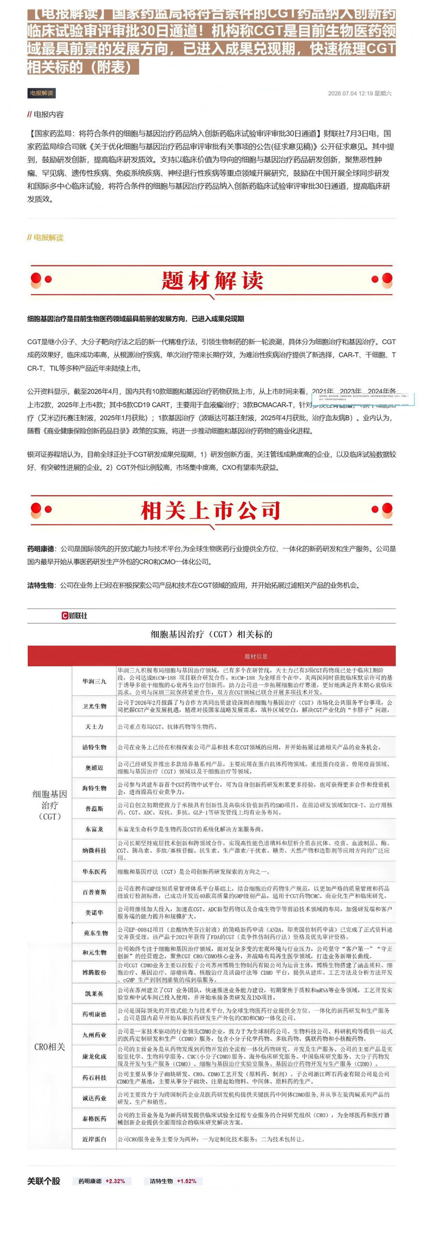 【电报解读】国家药监局将符合条件的CGT药品纳入创新药临床试验审评审批30日通道！机构称CGT是目前生物医药领域最具前景的发展方向，已进入成果兑现期，快速梳理CGT相关标的（