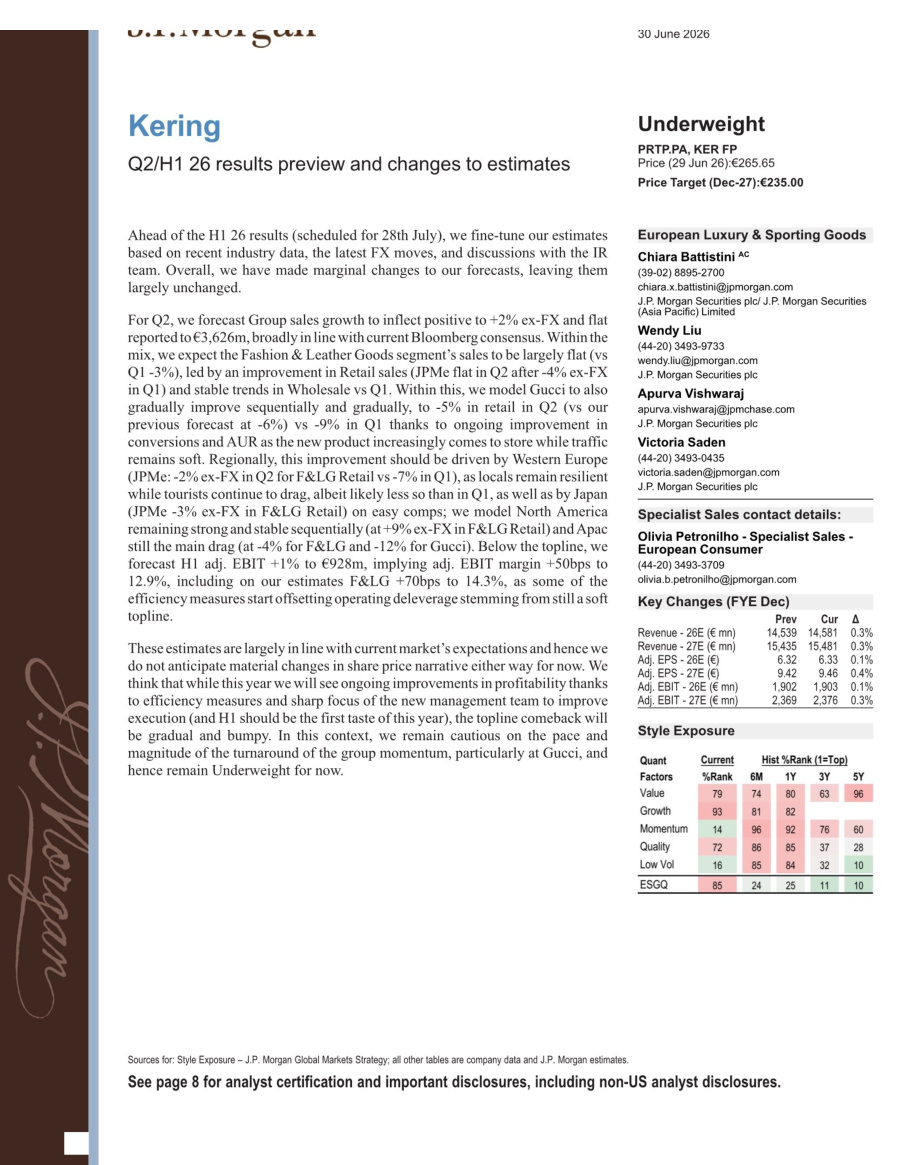 JPM-开云集团（PRTP.PA）——2026年第二季度及上半年业绩预览与预测微调【共14页】