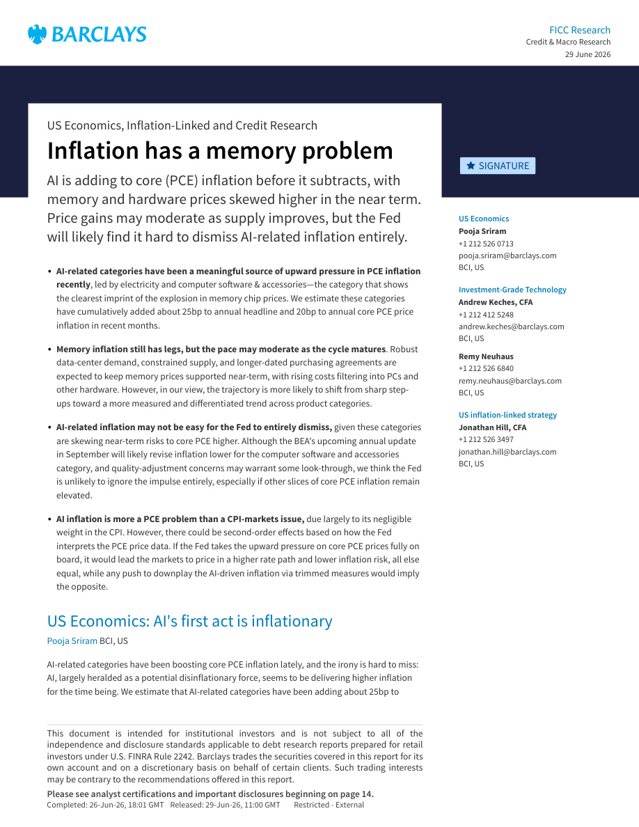 Barclays-美国经济、通胀挂钩与信用研究：通胀也有“记忆难题”——AI短期推升核心PCE，中期或转通缩【共17页】