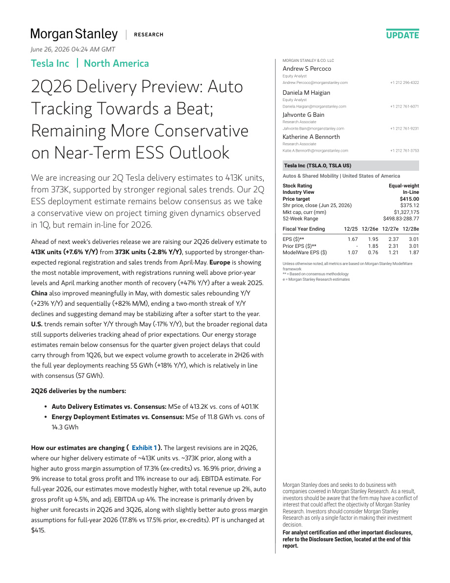 MS-特斯拉（TSLA.US）：2026年二季度交付前瞻——汽车交付有望超预期，储能短期展望维持谨慎【共12页】