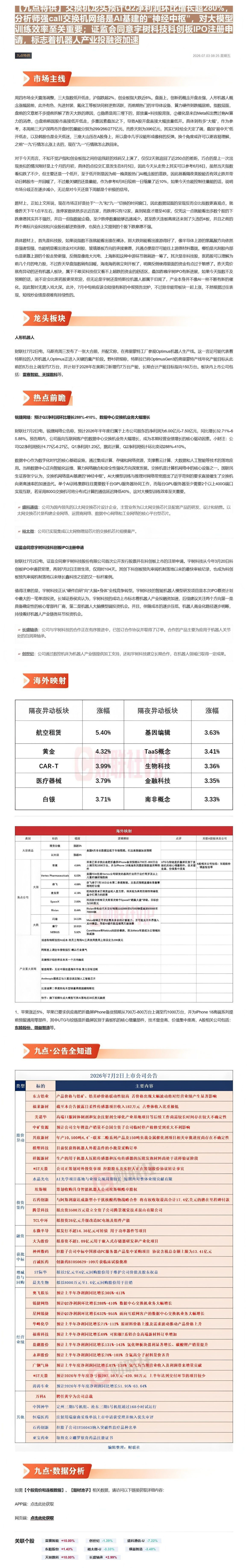 【九点特供】交换机龙头预计Q2净利润环比增长超280%，分析师强call交换机网络是AI基建的“神经中枢”，对大模型训练效率至关重要；证监会同意宇树科技科创板IPO注册申请，标志着
