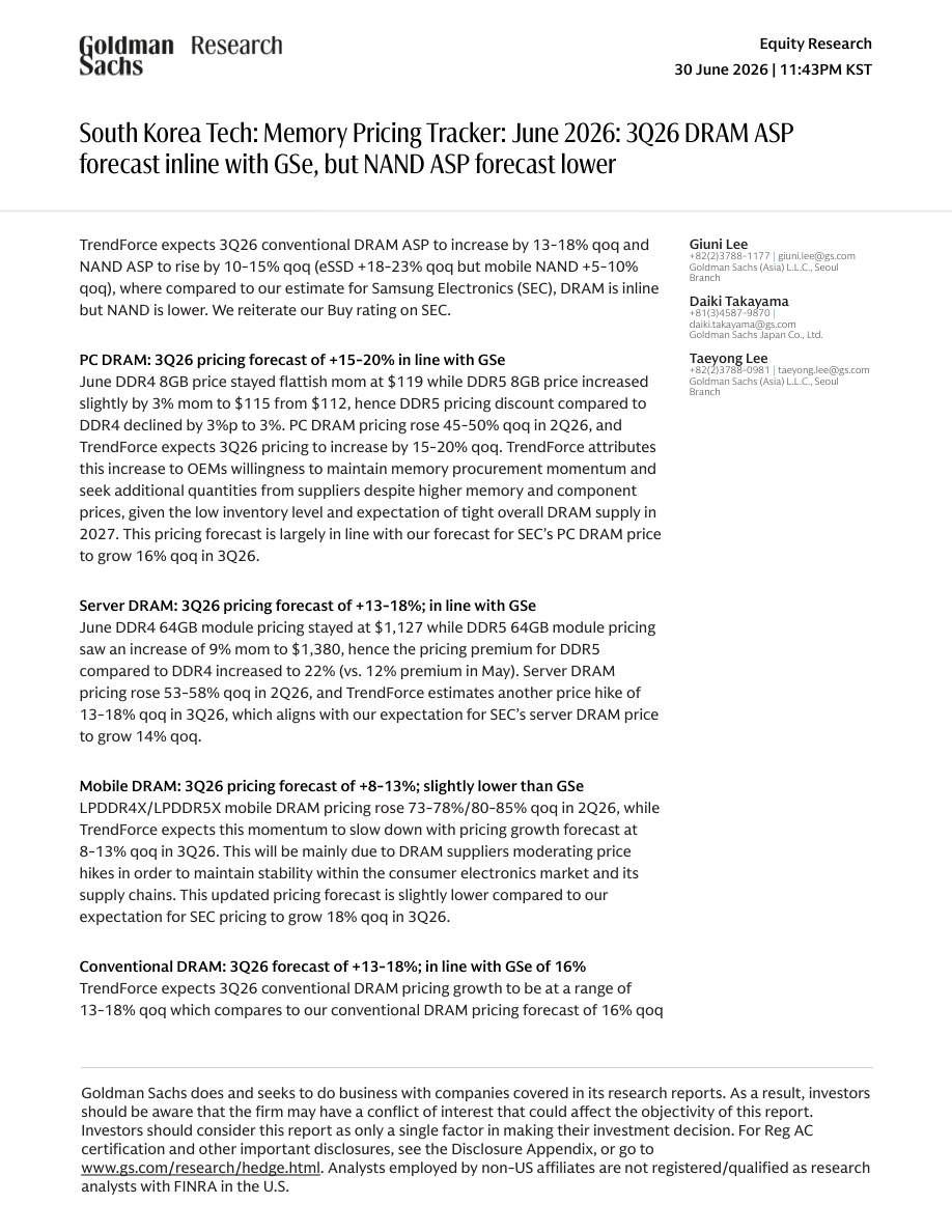 GS-韩国科技板块：存储价格追踪：2026 年 6 月：2026 年三季度 DRAM 平均售价预期与高盛每股收益预测一致，NAND 平均售价预期下调 South Korea Tech：Memory Pricing Tracker：June 2026：3Q26 DRAM ASP f【共8页】