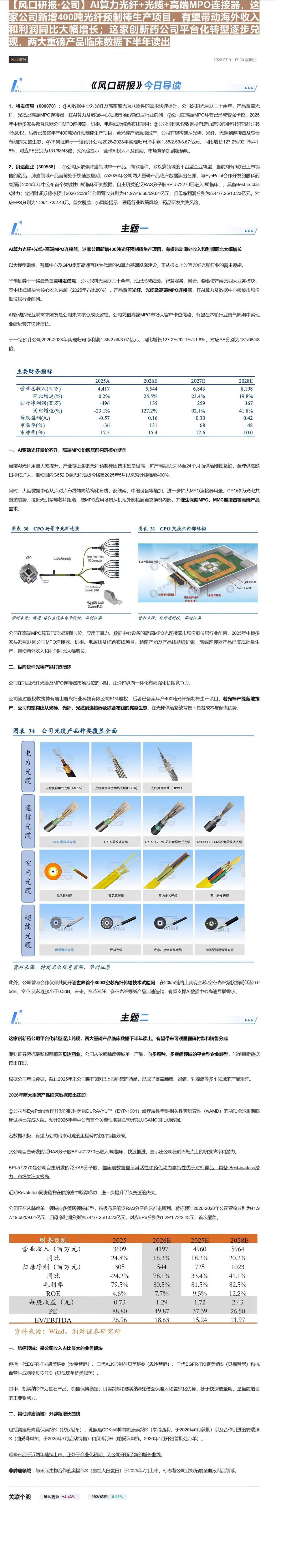 【风口研报·公司】AI算力光纤+光缆+高端MPO连接器，这家公司新增400吨光纤预制棒生产项目，有望带动海外收入和利润同比大幅增长；这家创新药公司平台化转型逐步兑现，两大重磅