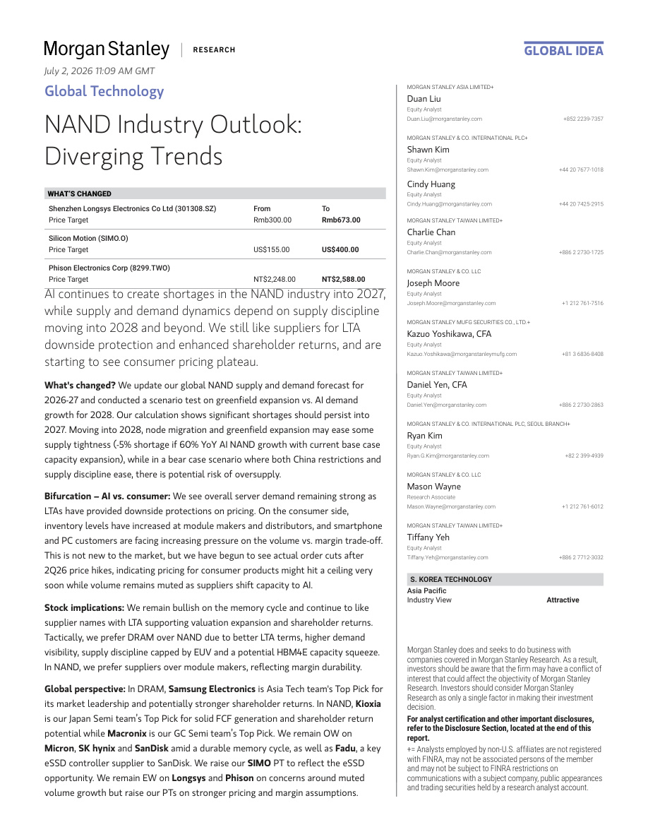 MS-全球科技：NAND 闪存行业展望：分化发展趋势 Global Technology NAND Industry Outlook Diverging Trends【共39页】
