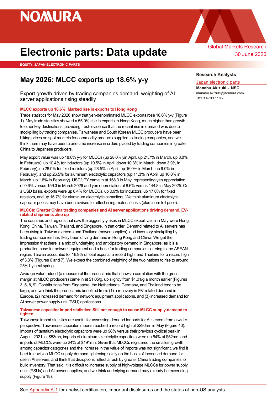 Nomura-日本电子零部件:2026年5月数据更新——MLCC出口同比大增18.6%,贸易商囤货叠加AI服务器需求双轮驱动【共18页】